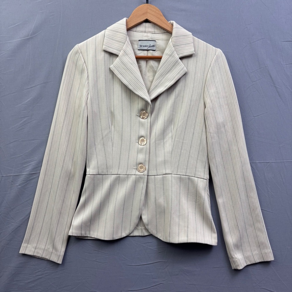 Breakin Loose Womens Pinstripe Peplum Blazer Jacket Cream Size 3/4 Vintage Style
